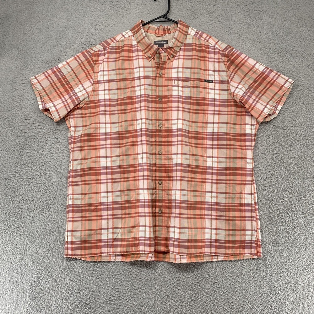 Eddie Bauer Hiking Shirt Mens 2XL Orange Nylon Outdoors Button‎ Up Summer